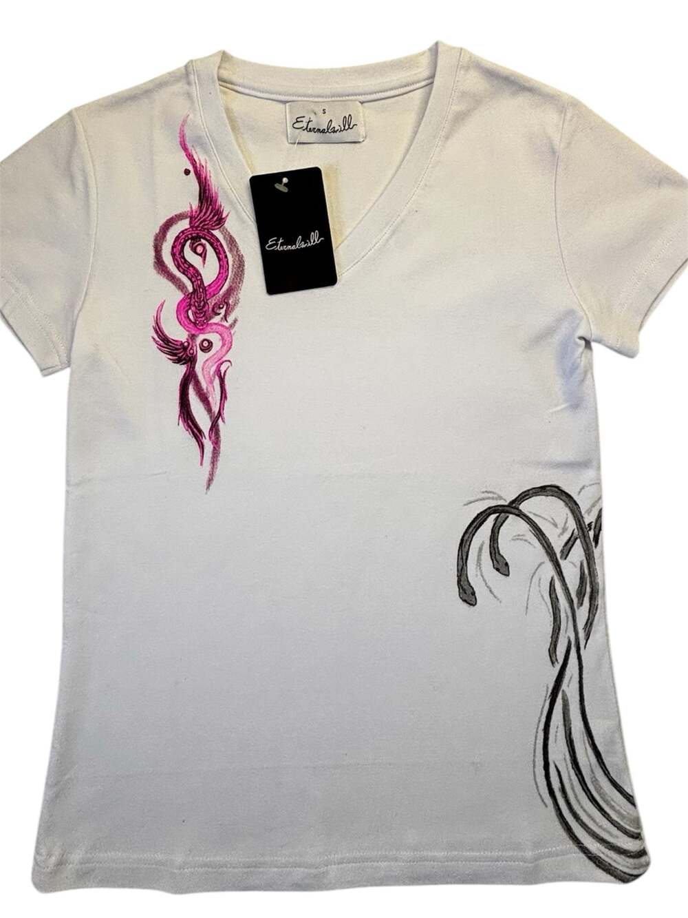 Eternalwill Pink Winged Serpent Graphic V-Neck T-Shirt